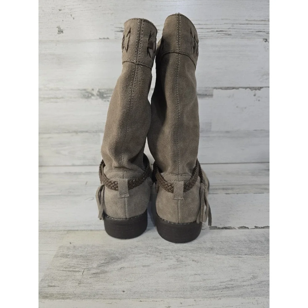Very Volatile Womens 8.5 Taupe Suede Mid-Calf Boho Boots‎ Braided Tassel Accent